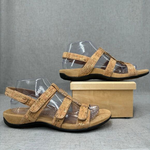 Vionic Amber Adjustable Sandals Strappy Tan Cork Slip‎ On Women's Size 8 - Picture 2 of 11